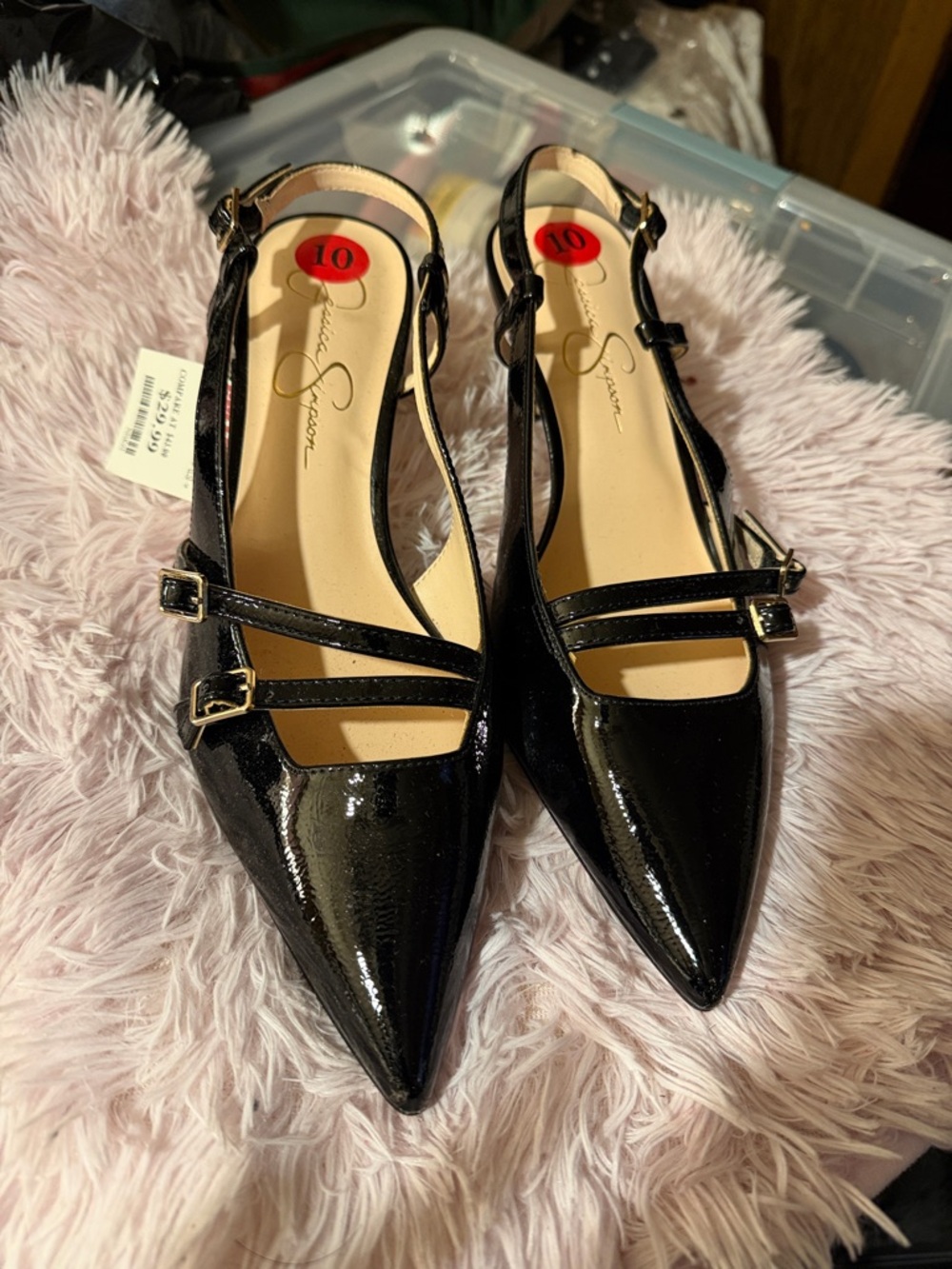 Jessica Simpson Black Patent Pointed Slingback Flats with Double Straps